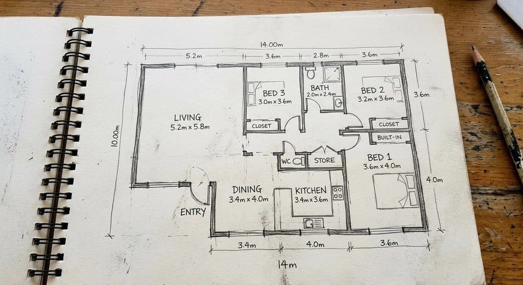 Beispielfoto eines mit Bleistift gezeichneten Grundrisses eines Hauses mit 3 Schlafzimmern in einem Skizzenbuch