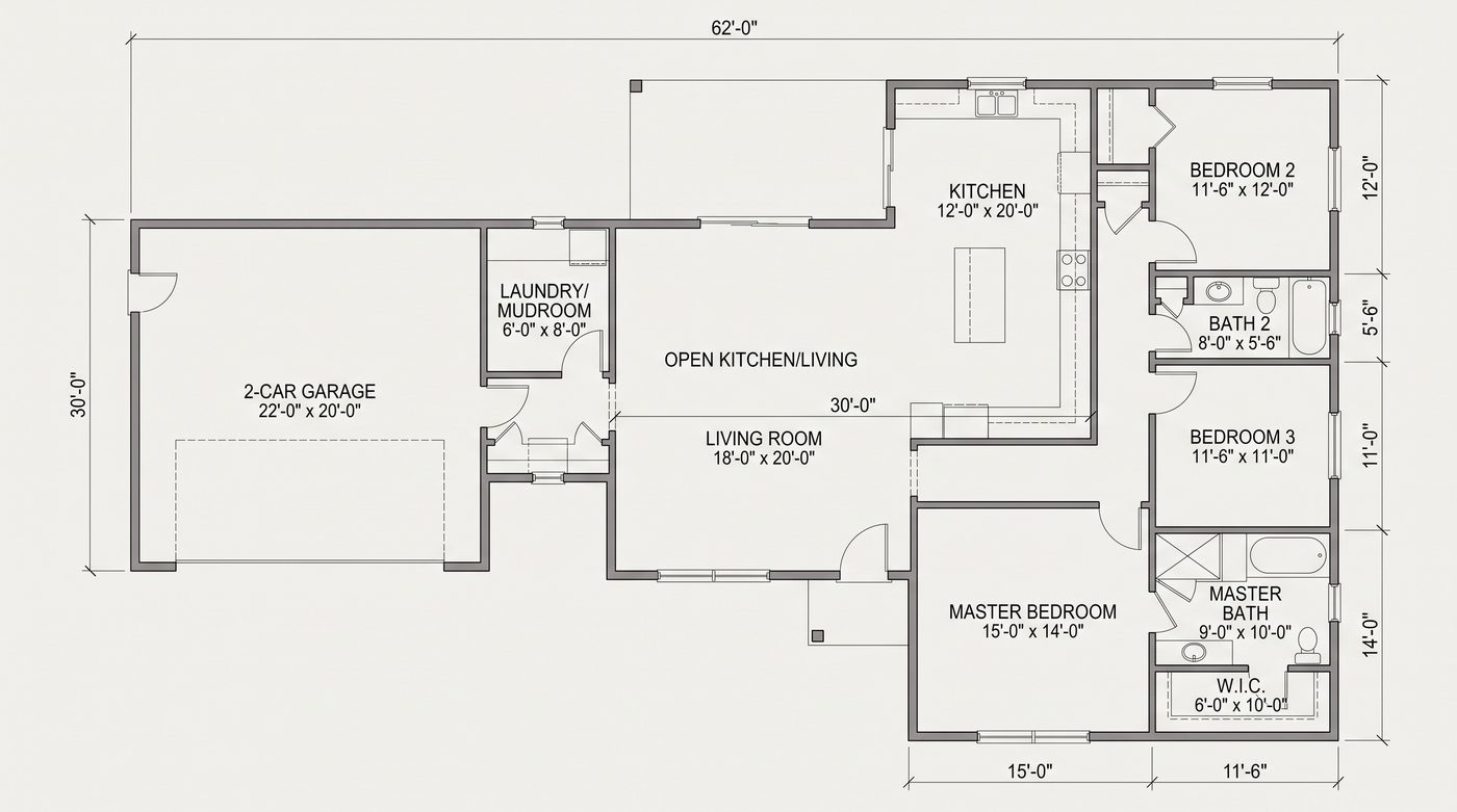 floor-plan.ai output for a 3 bedroom, 2 bath, 1,800 sq ft brief: a JPG image whose room widths add up to 72'-6" under a 62'-0" overall dimension (our test, October 2026)
