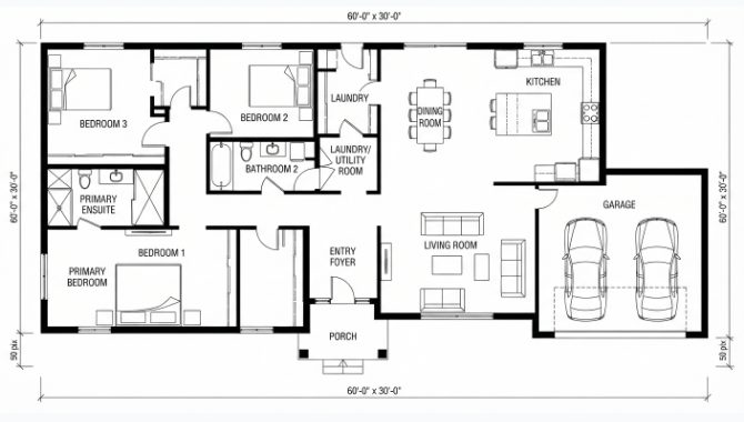 home-design.ai output for the same brief: plan image labelled 60'-0" x 30'-0" overall, no room sizes (our test, October 2026)