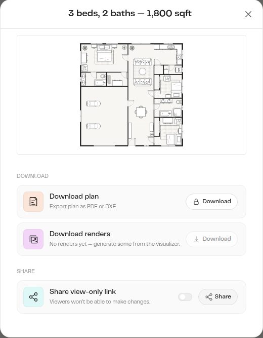 Maket export dialog: PDF or DXF download, locked on the free plan (our test, October 2026)