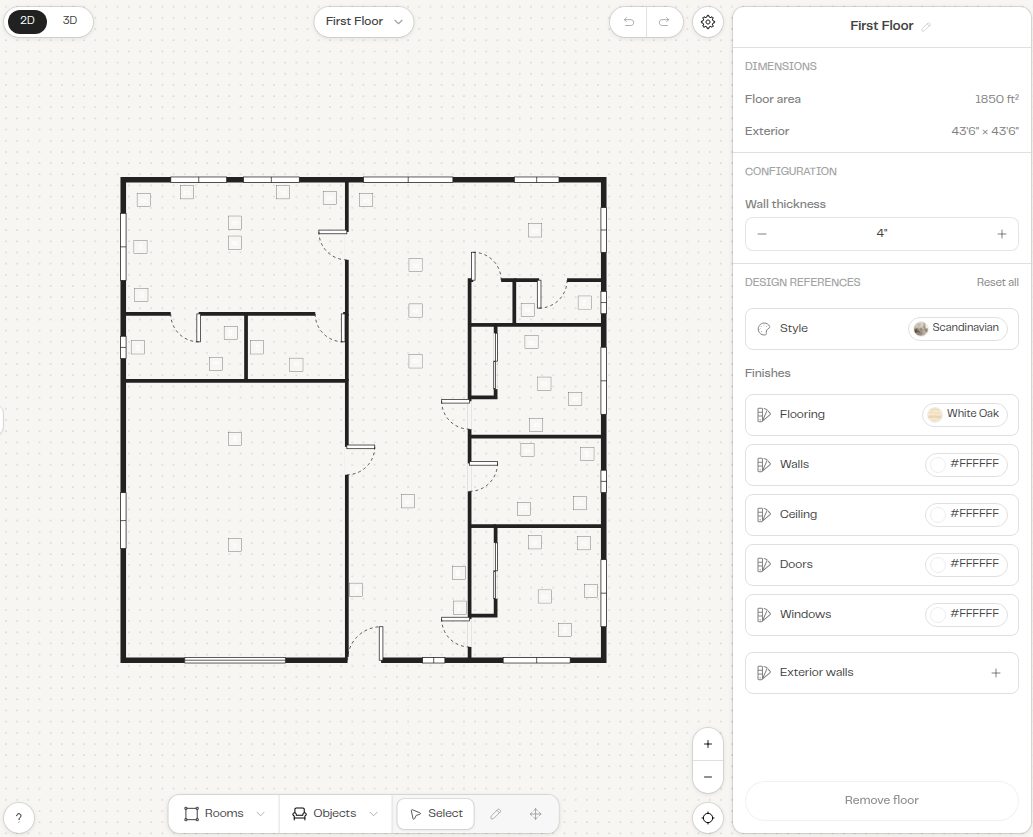 Maket output for a 3 bedroom, 2 bath, 1,800 sq ft brief: vector plan in the editor, floor area 1,850 sq ft, exterior 43'6" x 43'6" (our test, October 2026)