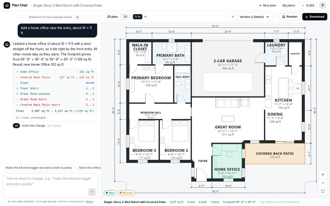 Plan Chat change by chat: home office added near the entry, 13 rooms unchanged, version diff listed (screenshot, October 2026)