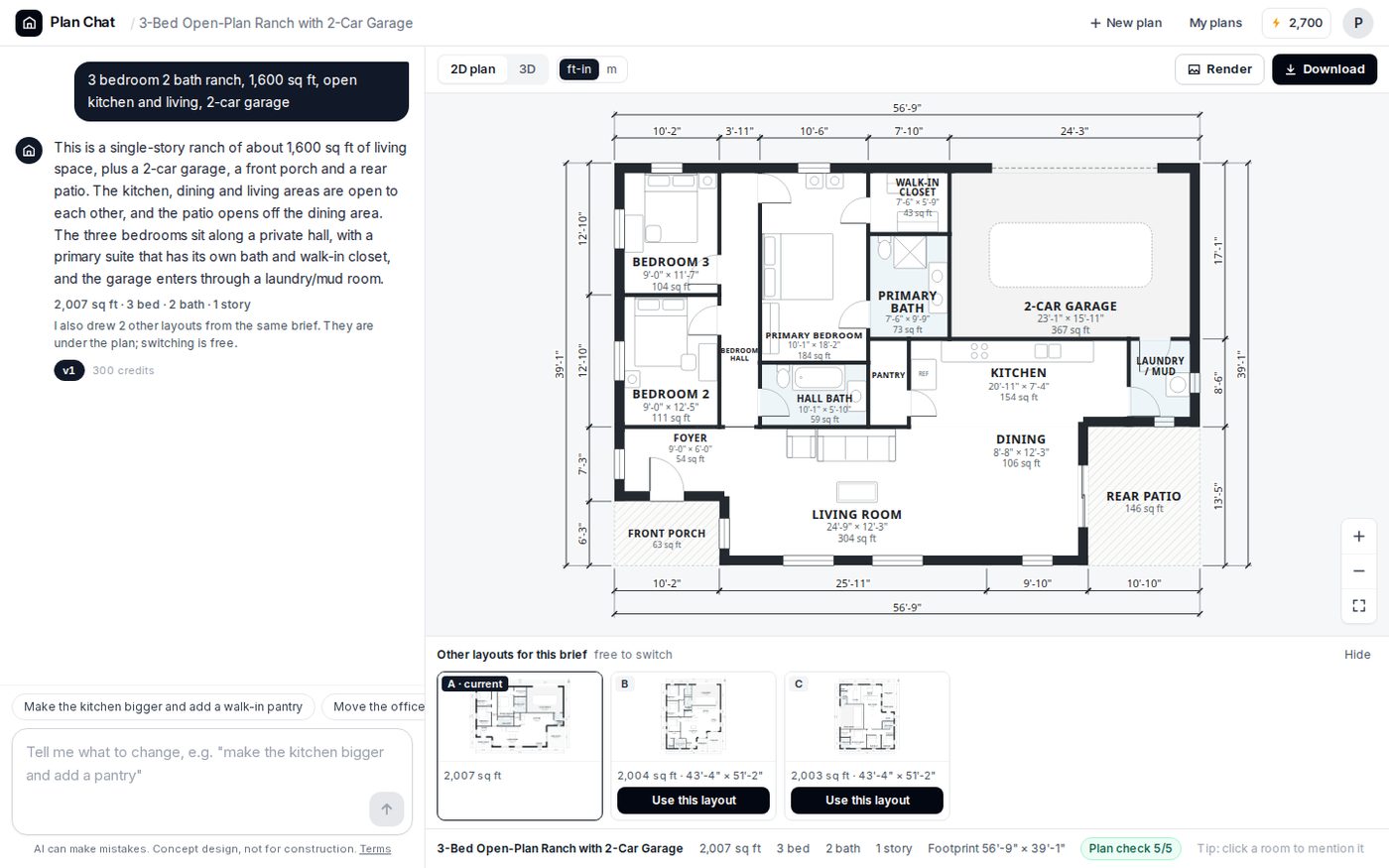 Plan Chat: a new design with two alternative layouts under the plan and the Plan check 5/5 chip (screenshot, October 2026)