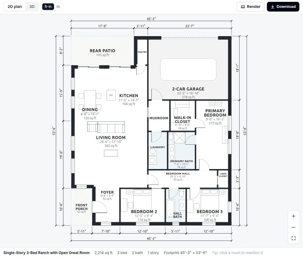 Plan Chat output for a 3 bedroom, 2 bath, 1,800 sq ft brief with a 2-car garage: measured floor plan with dimension strings, room names, sizes and areas (screenshot, October 2026)