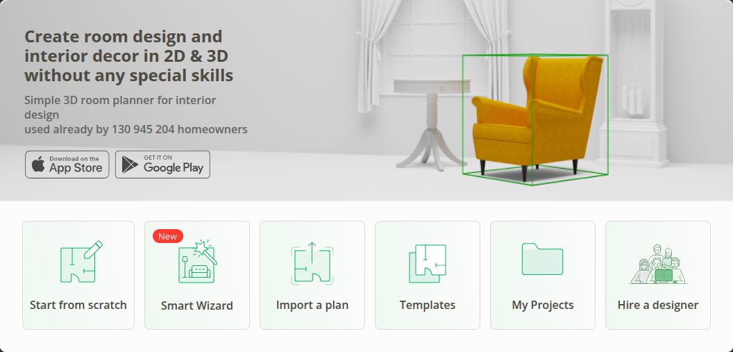 Planner 5D editor start screen: start from scratch, Smart Wizard, import a plan, templates (our test, October 2026)