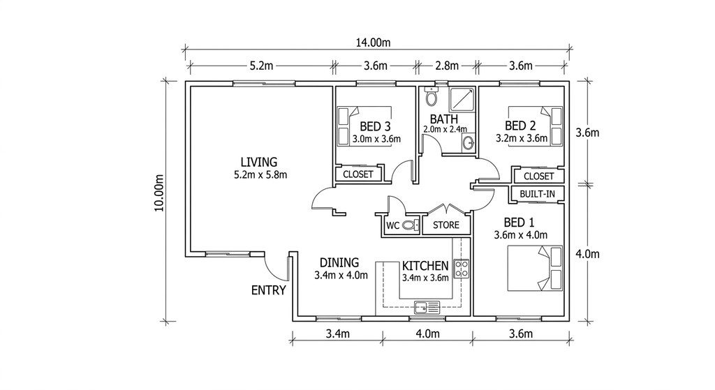 Derselbe Grundriss mit 3 Schlafzimmern, von der KI als saubere 2D-Zeichnung im CAD-Stil mit Raumbeschriftungen und Maßen neu gezeichnet