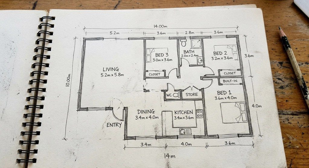 Foto einer mit Bleistift gezeichneten Grundriss-Skizze eines Hauses mit 3 Schlafzimmern in einem Skizzenbuch